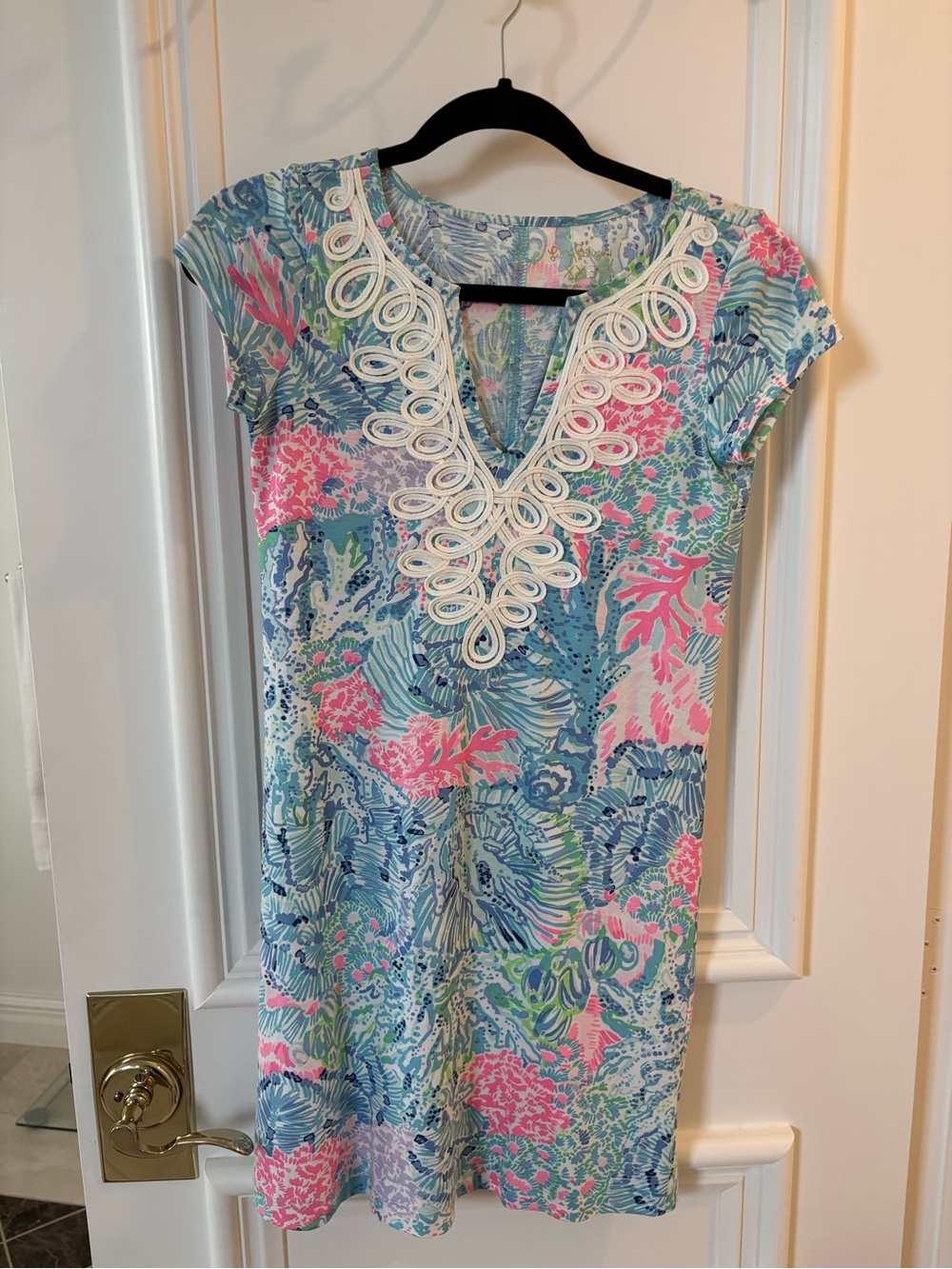 Lilly Pulitzer Blue, Pink and Green Coral-Print Shift Dress with White Trim